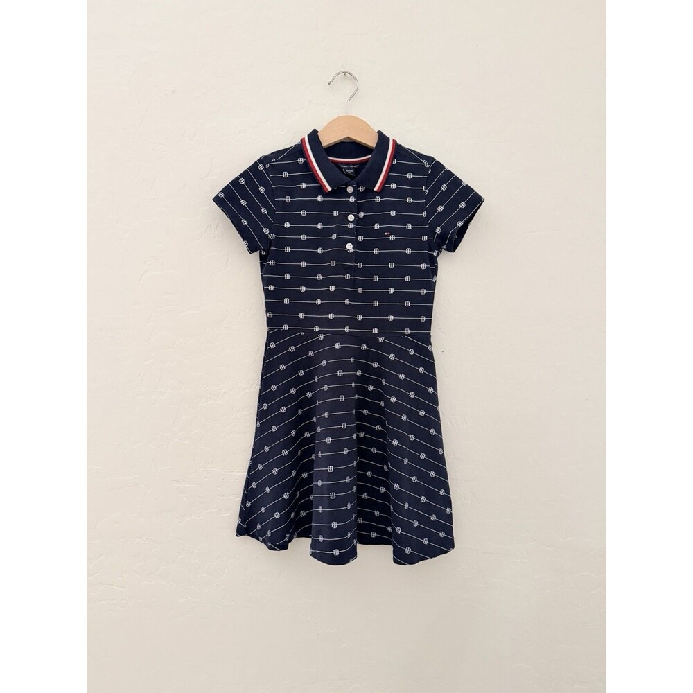 Tommy Hilfiger Girls 7 Navy Monogram Polo Dress Preppy Pique Logo Short Sleeve